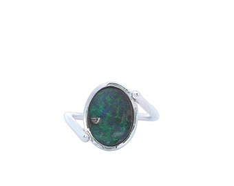 Opal Ring, Boulder Opal Ring, Hand Made Ring In White gold, Bezel Set Natural Oval Opal, Raw Opal W/Blue Green Hues, Unique Opal Bezel Set