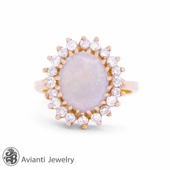 Opal ring, White Opal with Halo Of Diamonds, Vinta