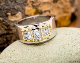 Engagement Ring, Diamond Wide Band, Wide Band Engagement Ring, Diamond Cocktail Ring, Two Tone Band W/Bezel Set Diamonds, Princess Diamond