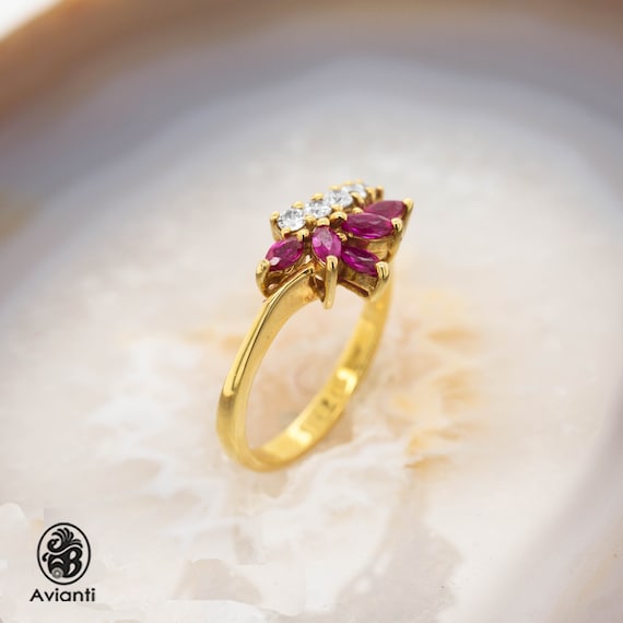 Vintage 18kt Gold Ruby Diamond Ring: Marquise Jul… - image 1