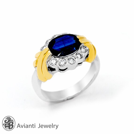 Sapphire Ring, Two Tone Sapphire Gold Ring, Scall… - image 3