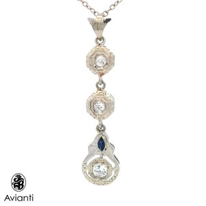 Vintage 14K White Gold Diamond Sapphire Pendant Necklace: Circa 1920s