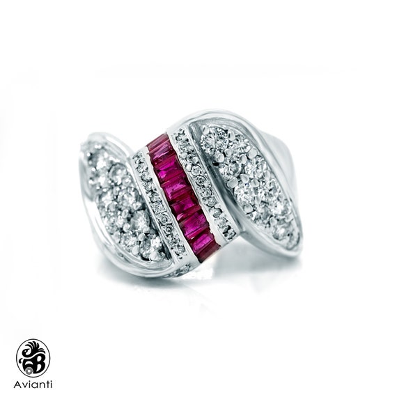Vintage Ruby and Diamond Cocktail Ring: 14K White… - image 1