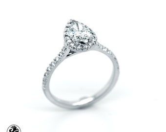 Engagement Ring, White Gold Diamond Ring, Pear Shaped Diamond With A Halo, Tear Drop Diamond With Pave set Diamonds, Engagement Diamond Ring