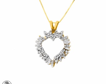 Vintage Baguette Diamond Heart Pendant Necklace, 14kt Yellow Gold
