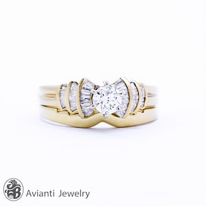 Diamond Engagement Ring, Yellow Gold Wedding Set, 18 Karat Yellow Gold With Baguettes, Diamond Wedding Set, Bow Design Engagement Ring