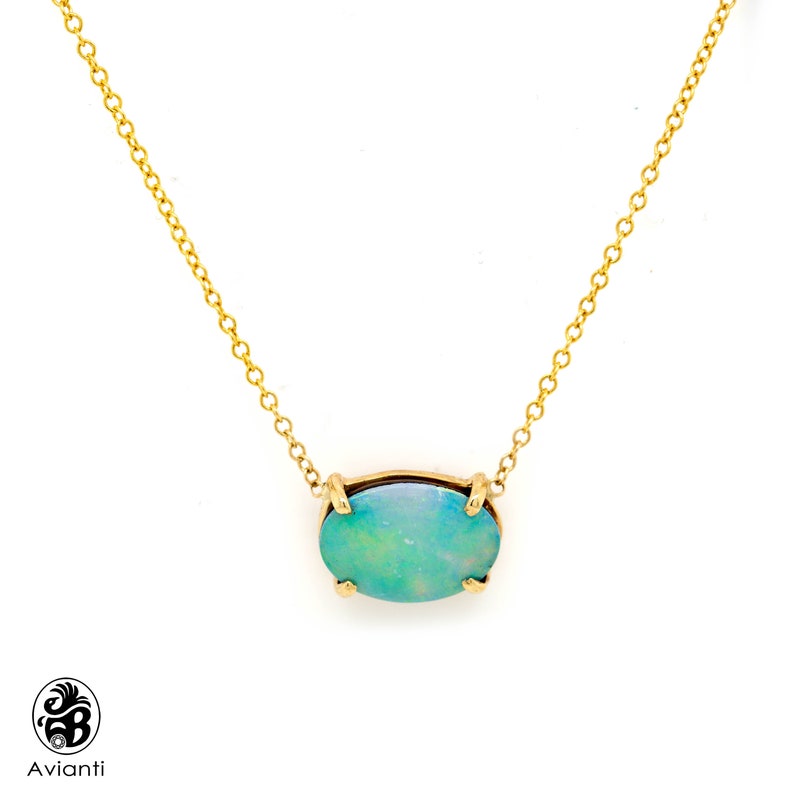 Opal Necklace Yellow Gold Blue Green Horizontally Set Opalescence Collection Pendant October Birthstone Nec02177