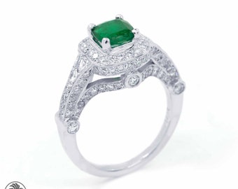 Emerald Engagement Ring, Pave Diamond Emerald Cocktail Ring, May Birthstone Ring, Cushion Cut Emerald Ring, Twentieth Anniversary