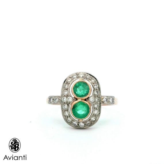 Vintage 18k Yellow Gold Emerald Diamond Ring: 198… - image 1
