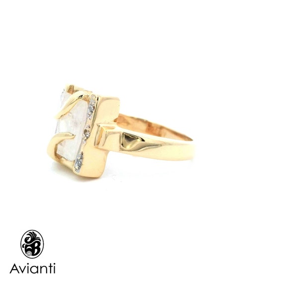 Square Moonstone Ring: Diamond Halo, 18K Yellow G… - image 5