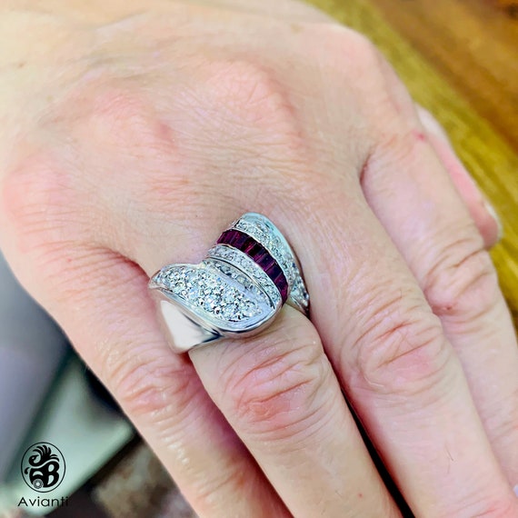 Vintage Ruby and Diamond Cocktail Ring: 14K White… - image 4