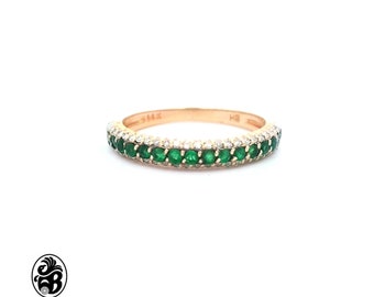 Emerald Ring, Yellow Gold Band W/Emeralds, Round Emeralds in a stackable Ring, Dainty Band W/ Round Emeralds Diamonds, Vintage Emerald Ring