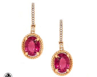 May include: A pair of rose gold earrings with a pink oval gemstone set in a rope-like design. The earrings are accented with small diamonds.