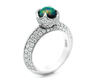 Opal Ring, Black Opal Ring, Diamond And Opal Ring, Black Opal Ring, Opal Engagement Ring, Pave Set Diamonds On The profile of The Ring