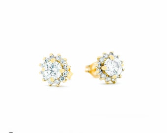 Diamond Earrings, Flower Diamond Earrings, Cluster Diamond Studs Earrings, Halo Earrings In Yellow Gold, 14K Yellow Gold Round Diamond