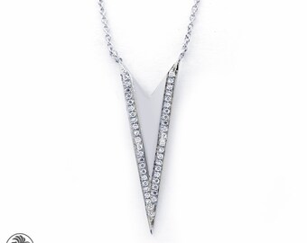 Diamond Necklace, Dainty Chevron Necklace, 14kt White Gold Arrow Necklace, 14 Karat Chevron Necklace With Pave Diamonds, Round Diamond