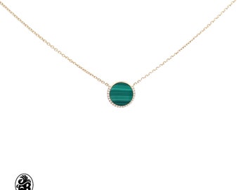 Malachite Diamond Necklace, Round Green Stone Pendant With Halo, 14kt Yellow Gold Solitaire Malachite Necklace, Gold Stone Diamond Necklace