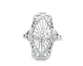 Antike Ring filigrane mit runden Diamanten, 14 Karat Weißgold filigrane Verlobungsring