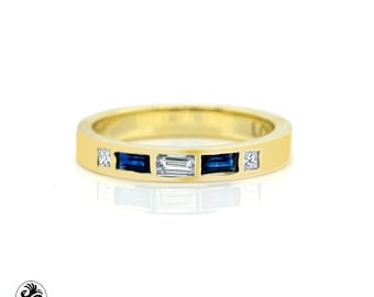 Sapphire Band, Stackable Baguette And Sapphire Ring, Diamond Blue Sapphire Band, 18K Diamond Baguette And Blue Sapphire, Baguette Sapphire
