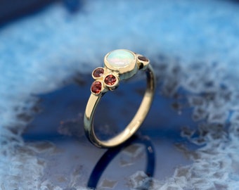 Opal Ring, Garnet Ring, Ring With Garnets, Garnet Ring In Yellow Gold, 14 karat yellow Opal Ring, Yellow Gold Opal Garnet Ring, Round Opal