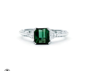 Tourmaline Ring, Emerald Cut Green Tourmaline, Trillion Diamonds W/Tourmaline, Green Stone Ring W/Pave Side Diamonds,Square Green Tourmaline