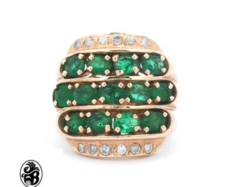 Emerald Ring, Statement Ring W/Emeralds Pave Diamonds, Yellow Gold Ring W/Round Emeralds, Vintage Wide Band W/Emeralds, Round Emerald Ring