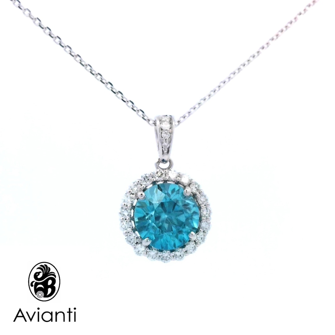 Blue Zircon Pendant, Round Blue Zircon Pendant, Brilliant Blue Stone