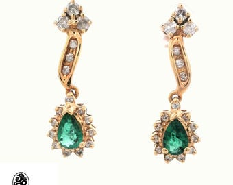 14K Gold Emerald Pear Dangle Earrings: Diamond Accent, 1980s Glamour