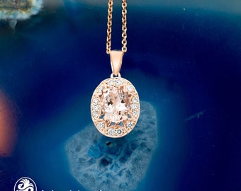 Morganite Pendant, Rose Gold Morganite Pendant, Pink Stone With Diamond Halo,Oval Shaped Morganite,Blushing Rose Morganite,Morganite Pendant