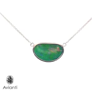 Opal Doublet Necklace: Green Blue Opalescence, 14kt White Gold Bezel