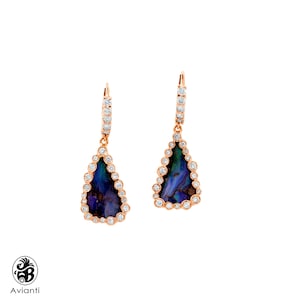 Opal Earrings, Boulder Opal Earrings, 14KT Rose Gold Opal Earrings, October Birthstone W/ Diamonds, Earrings with Dangling Opals