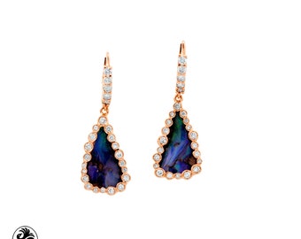 Opal Earrings, Boulder Opal Earrings, 14 KT Rose Gold Opal Earrings, October Birthstone W/ Diamonds, Earrings with Dangling Opals