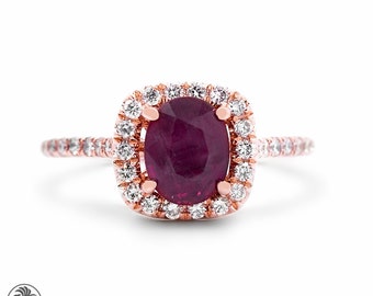 Ruby Ring, Single Halo Ruby and Diamond Ring, Oval Cut Ruby Ring, Single Halo Ring, Diamond and Ruby Ring, Rose Gold Ruby Ring