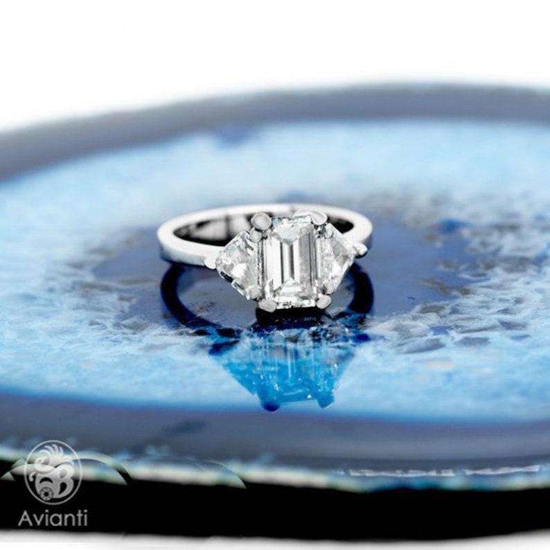 Engagement Ring White Gold Emerald Cut Ring Two Trillions Etsy