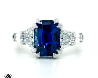 Sapphire Ring, Royal Blue Sapphire and Diamond Ring, Platinum Sapphire Ring, Cushion Cut Blue Sapphire W/Bullet Cut Diamond, Blue Sapphire