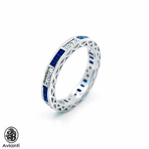 Emerald Cut Sapphire and Diamond Eternity Band, 14k White Gold