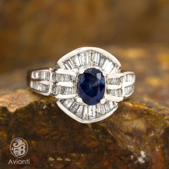 Sapphire Ring, Blue Sapphire Ring, Baguettes and O