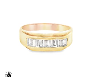 May include: A gold band ring with a row of baguette-cut diamonds.
