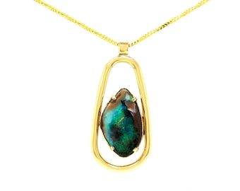 Opal Necklace, Green Blue Opal Pendant, Bezel Set Boulder Opal, Boulder Opal Pendant With Franco Chain, Gold Framed Opal Necklace