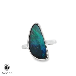 Boulder Opal Ring: 14kt White Gold Bezel, Australian Pear Opal