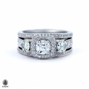 Diamond Engagement Ring, Double Halo Engagement Ring, Engagement Ring W/Halo, Three Diamonds W/Halo, 14K Gold White Gold Engagement Ring