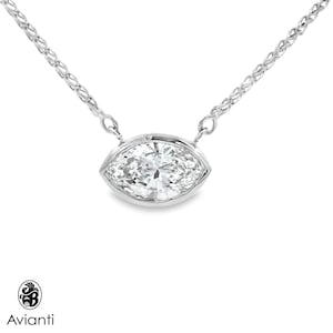Marquise Necklace, Single Marquise Diamond Necklace, 14 Karat White Gold Diamond Necklace, Horizontally Bezel Set Marquise Diamond Necklace
