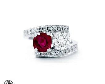 Ruby Ring, Two Stone Ruby And Diamond Ring, July Birthstone Ring, Semi Mount Ruby Engagement Ring, Round Pigeon Red Ruby, Exquisite Ring