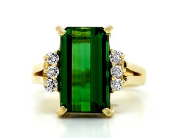Anillo de turmalina, anillo de diamantes de turmalina de talla esmeralda, anillo de turmalina clásico, anillo de diamantes y turmalina, anillo verde oscuro con diamantes