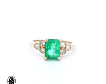 Emerald Ring, Green Stone Ring W/Diamonds, 14kt Yellow Gold Ring Emerald Ring, Emerald Cut Emerald Ring, Green Emerald And Diamond Ring