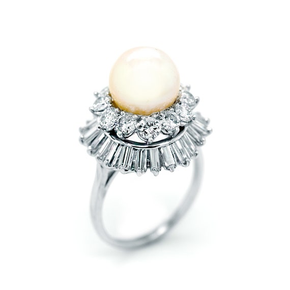 Pearl Ring, White Pearl Ring with Round Diamonds … - image 1