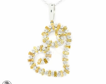 Diamond Pendant, Yellow Diamond Heart Pendant, Heart with Canary Baguettes, Off Set Heart Pendant, Canary Diamond Heart Pendant