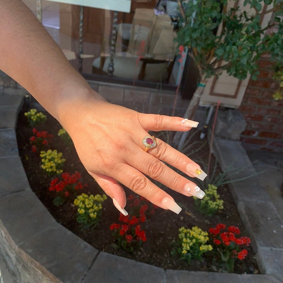 Pigeon Red Ruby Diamond Ring: 18K Yellow Gold Bal… - image 5