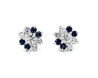 Diamond Earrings, Sapphire And Diamond Earrings, Flower Design Earrings, Floral Earrings W/Sapphires And Diamonds, Round Sapphires Earrings
