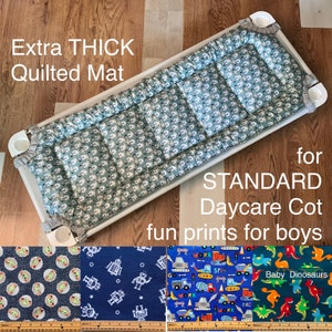 51” x 20” Cot Mat for STANDARD Daycare Sleeping Cots (50”-55” long); fun prints for boys; cotton, quilted, personalized
